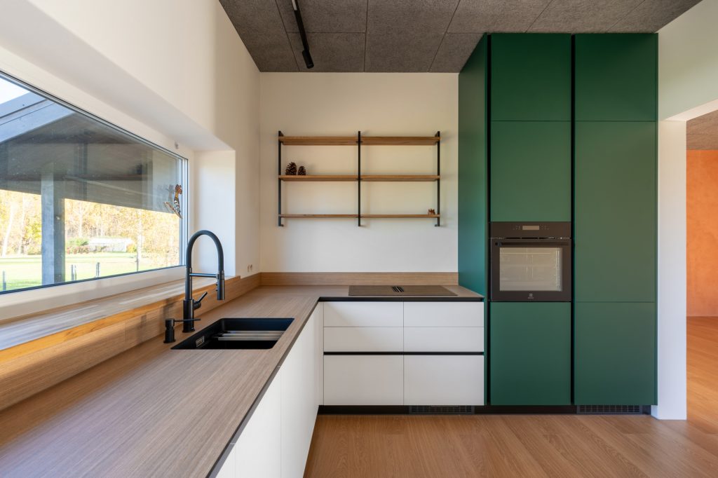 Virtuves iekārta ar zaļām fasādēm